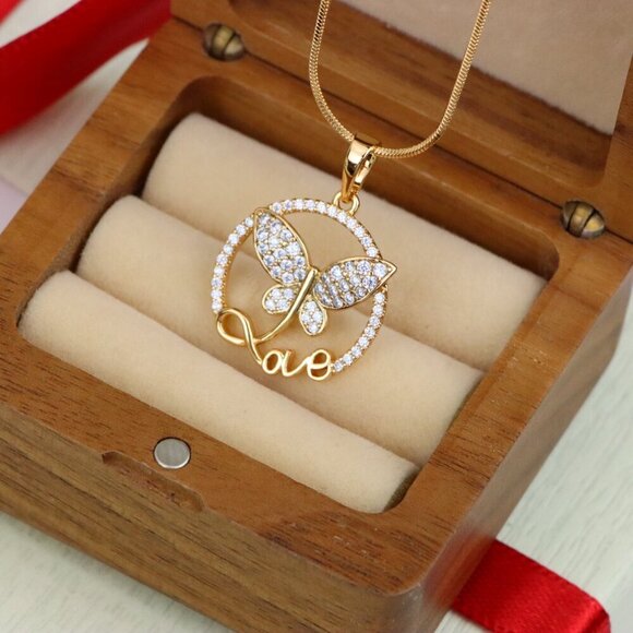 "Rose Gold Butterfly Pendant with Crystals and 'Love' Design, XPPT1478 - Picture 2 of 13